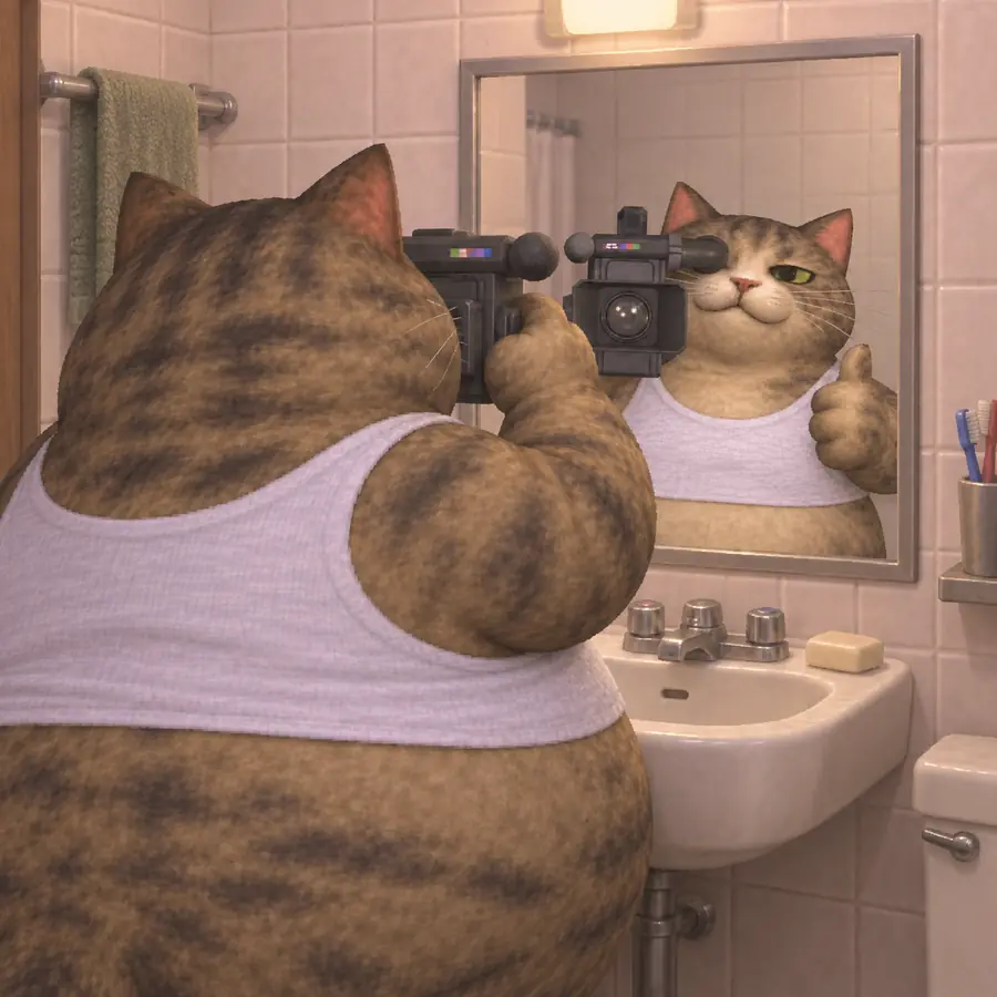 Cam Cat filming himself in the bathroom mirror